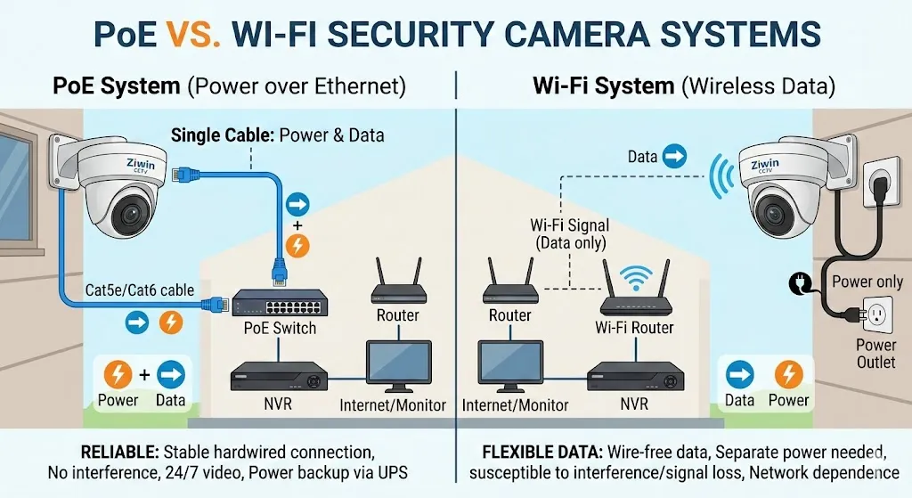 Caméras de sécurité PoE vs Wi-Fi: quel est le meilleur pour votre entreprise en 2026?